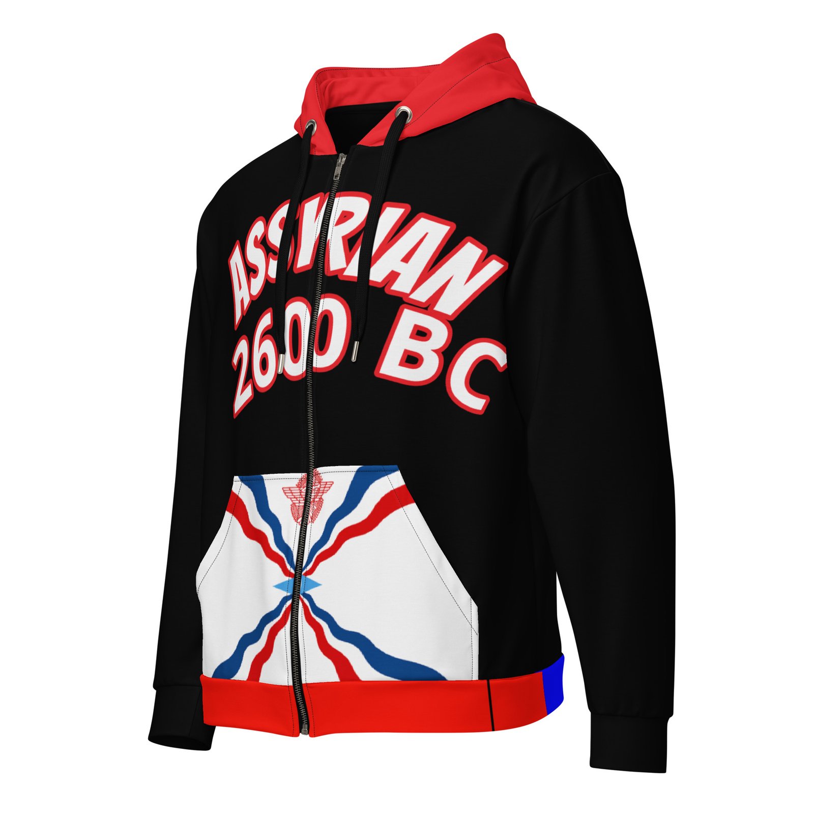 all-over-print-recycled-unisex-zip-hoodie-white-left-front-660c2df9ada61.jpg First to believe in Christ ASSYRIAN Unisex cross over zip hoodie - Image 1